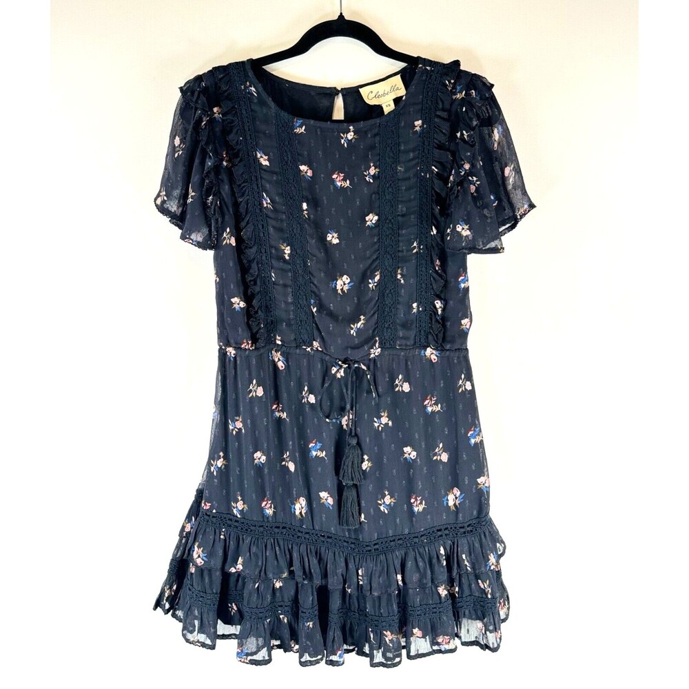 Cleobella Womens Dress Blue Mini Floral A Line Ruffle Layered Tassel Boho XS